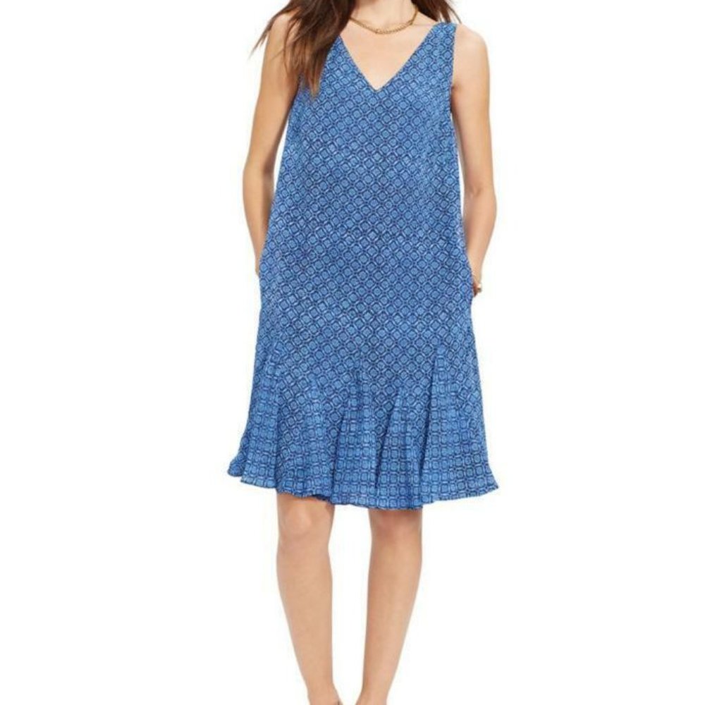 Ralph Lauren Blue Indigo Sky Print V-neck Dress